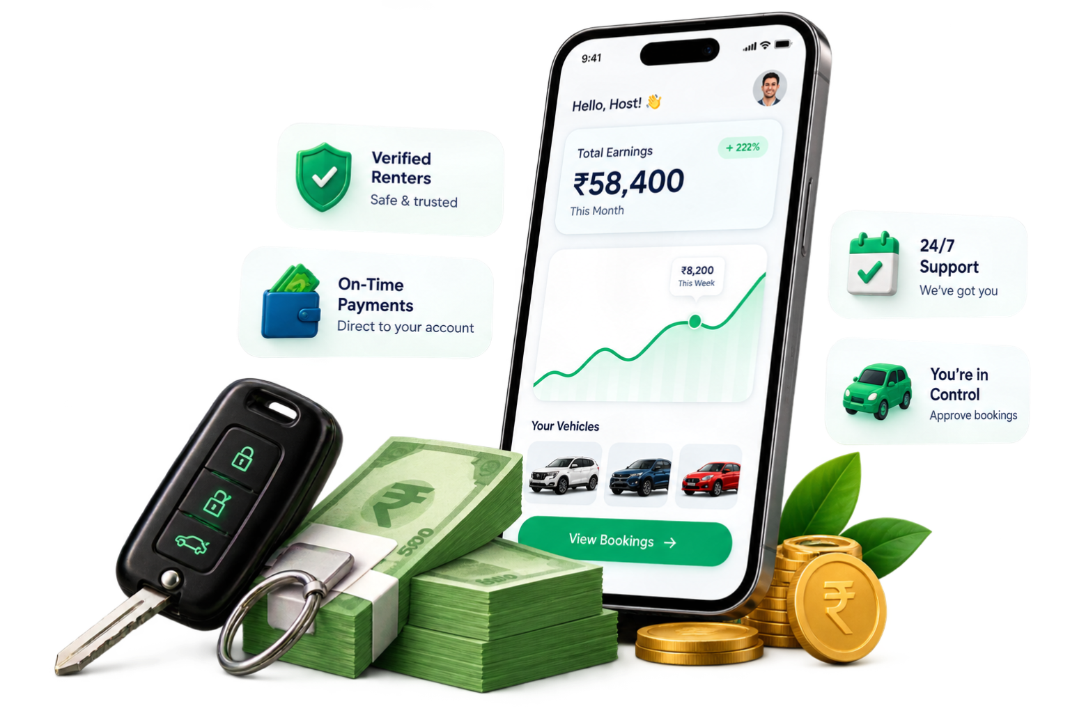 BookMeDrive host dashboard showing earnings, bookings, and vehicle controls